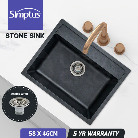 Simplus Stone Kitchen Sink Granite Under Top-Mount Basin Bowl Laundry Black 58CM
