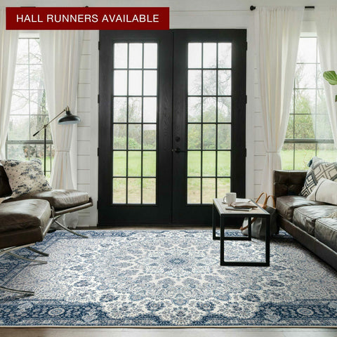 Large Floor Rugs Runner Navy Blue Ivory Distressed Print Carpet 5 Sizes - Bright Tech Home