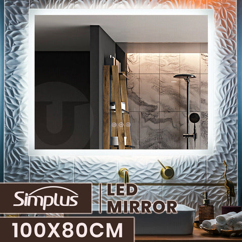 Simplus 100x80CM LED Mirror Bathroom Makeup Wall Mount Vanity Light Anti-fog