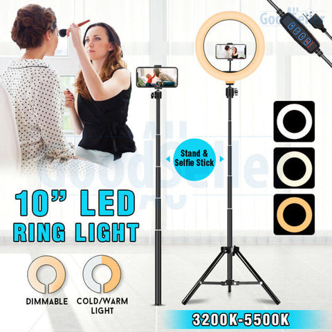 10" DIMMABLE LED RING LIGHT RETRACTABLE STAND KIT SELFIE MAKEUP LIVE STREAMING - Bright Tech Home